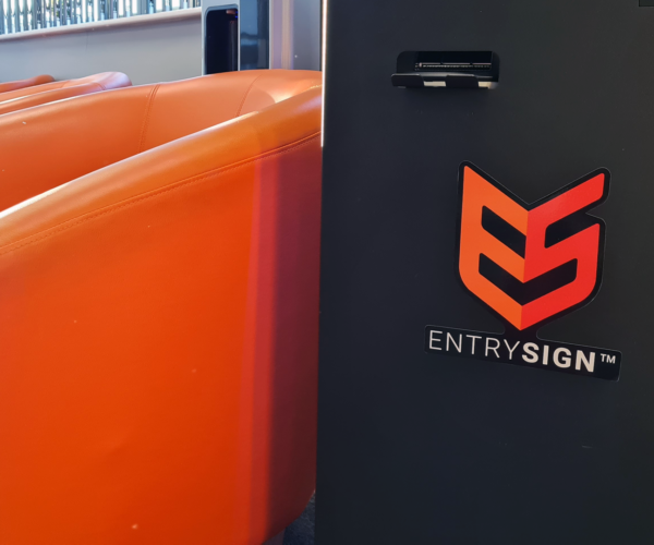 EntrySign logo on a black EntrySign kiosk