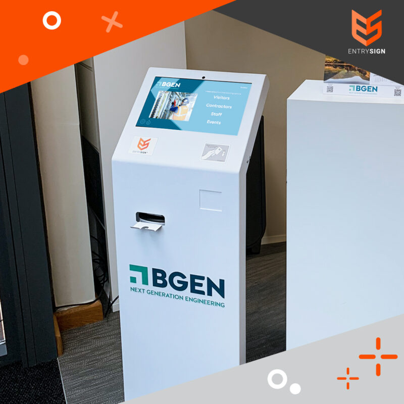 White visitor management kiosk with blue interface and front logo.