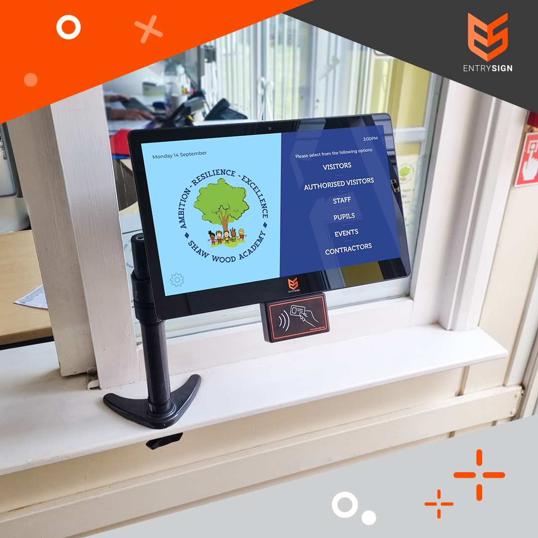School visitor management screen with a blue user interface.