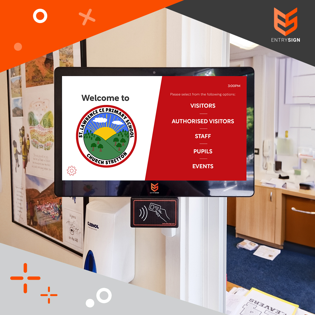School visitor management screen with a white and red user interface.
