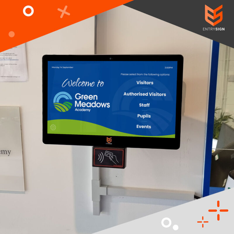 School visitor management screen with a blue and green user interface.