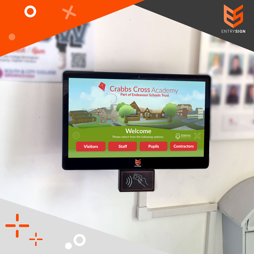 School visitor management system with multi-coloured user interface.