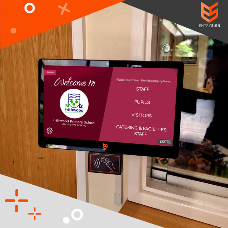 School visitor management screen with a red user interface.