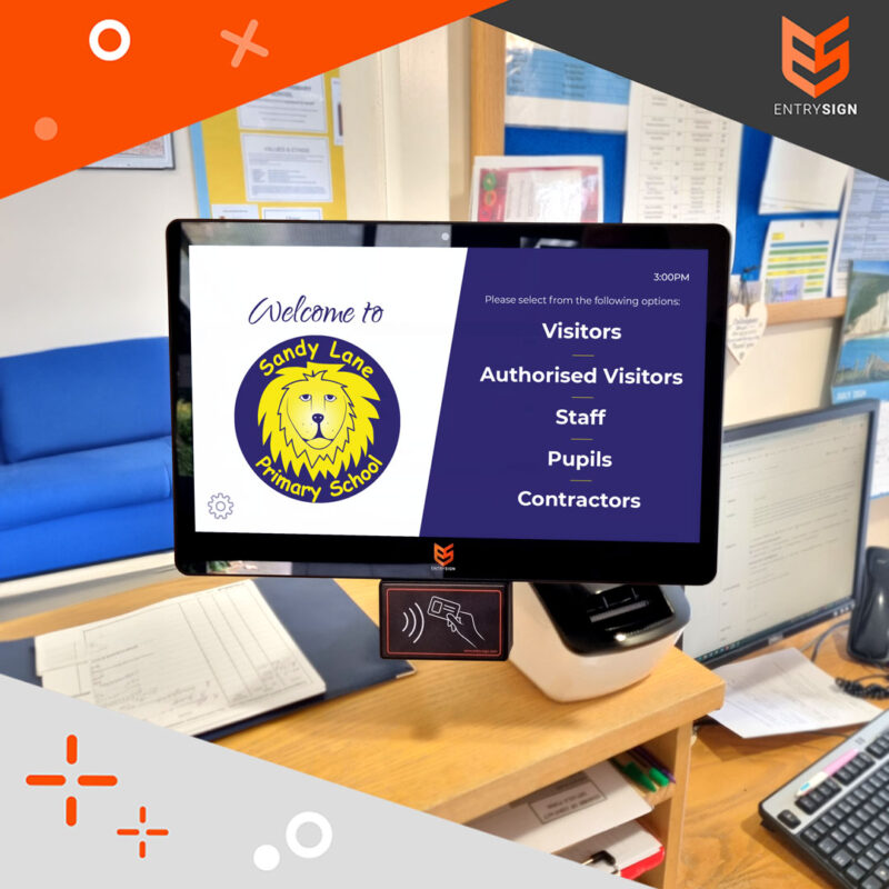 School visitor management screen with a blue and white user interface.
