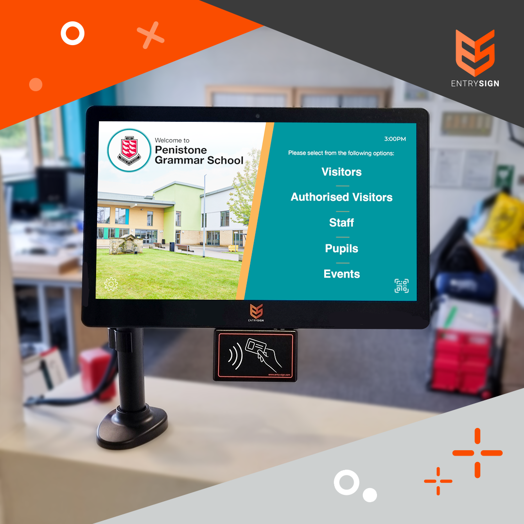 School visitor management screen with a multi-coloured user interface.