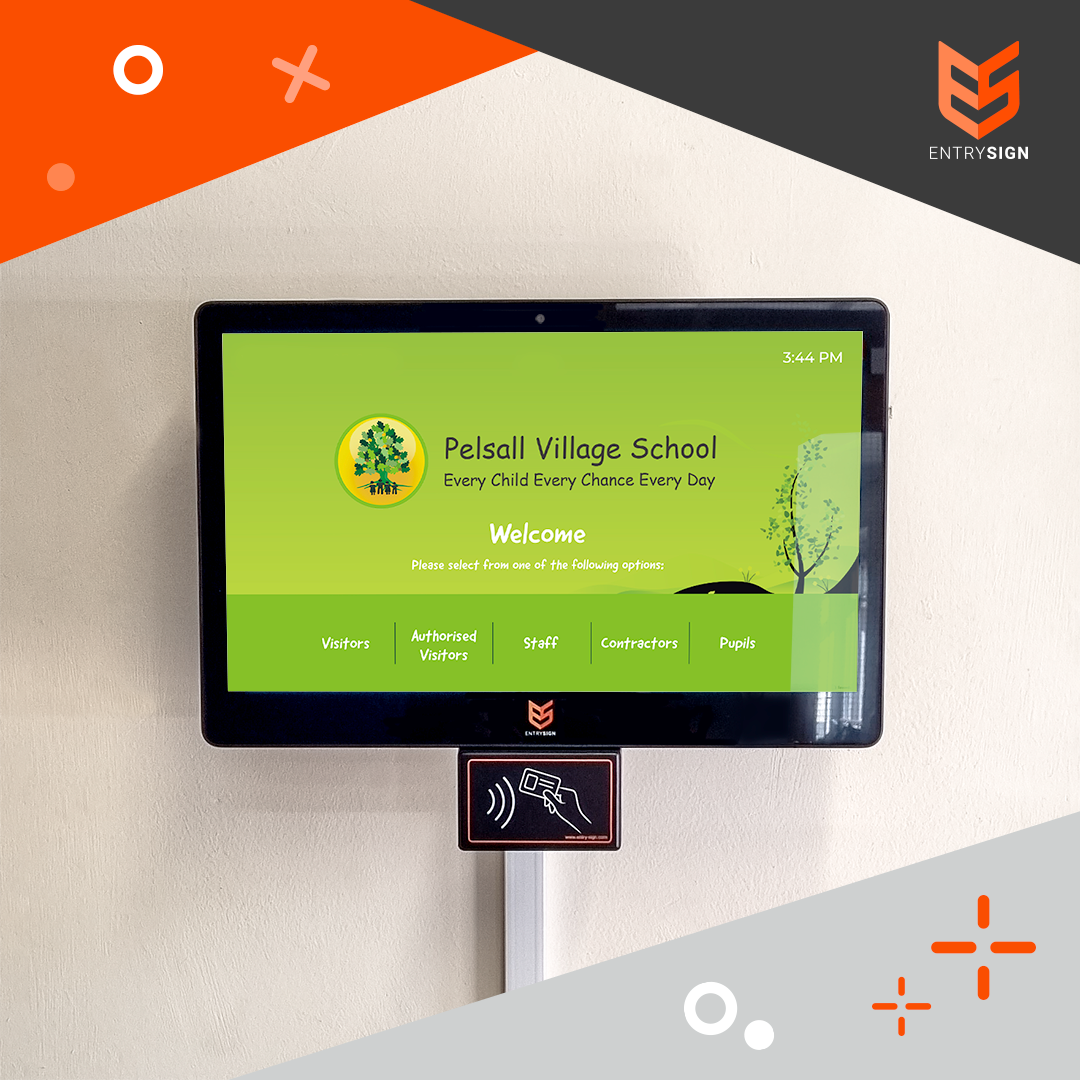 School visitor management screen with a bright green user interface.