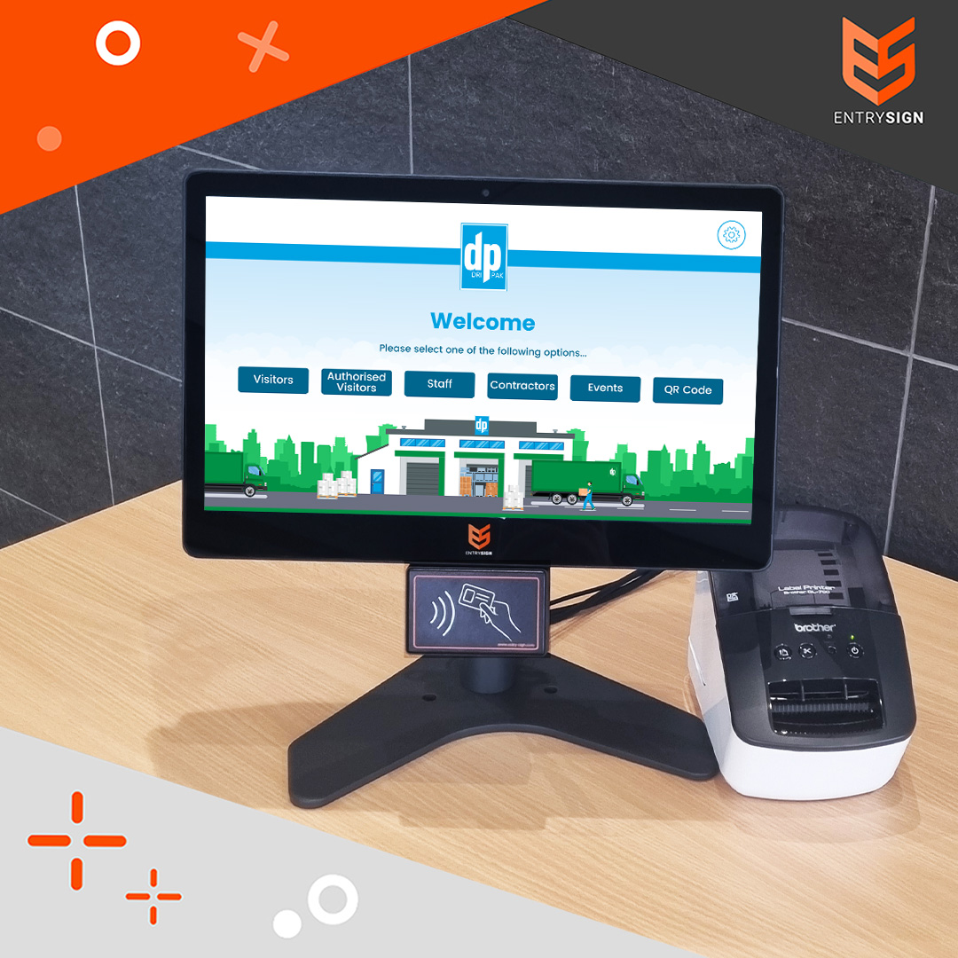 Visitor management screen on an oak desk with multi-coloured user interface and a label printer.