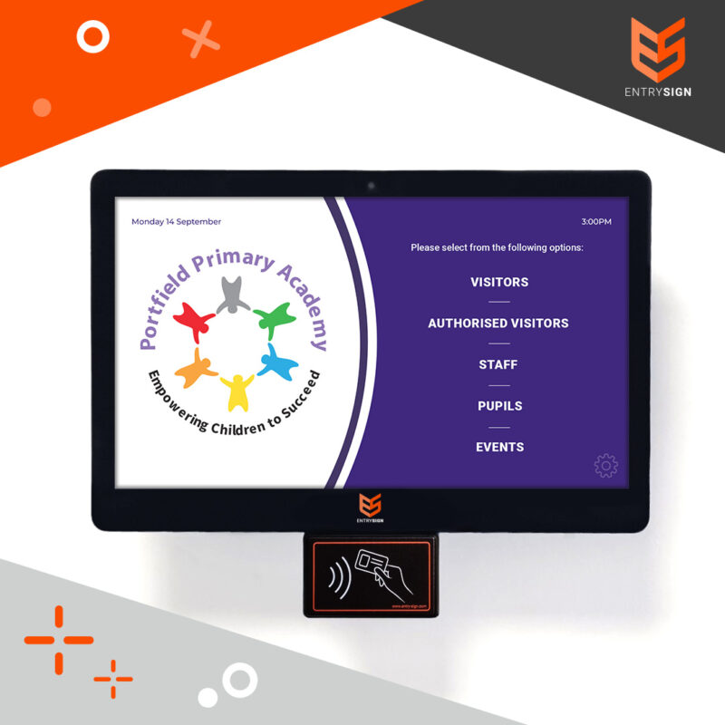 School visitor management screen with a purple and white user interface