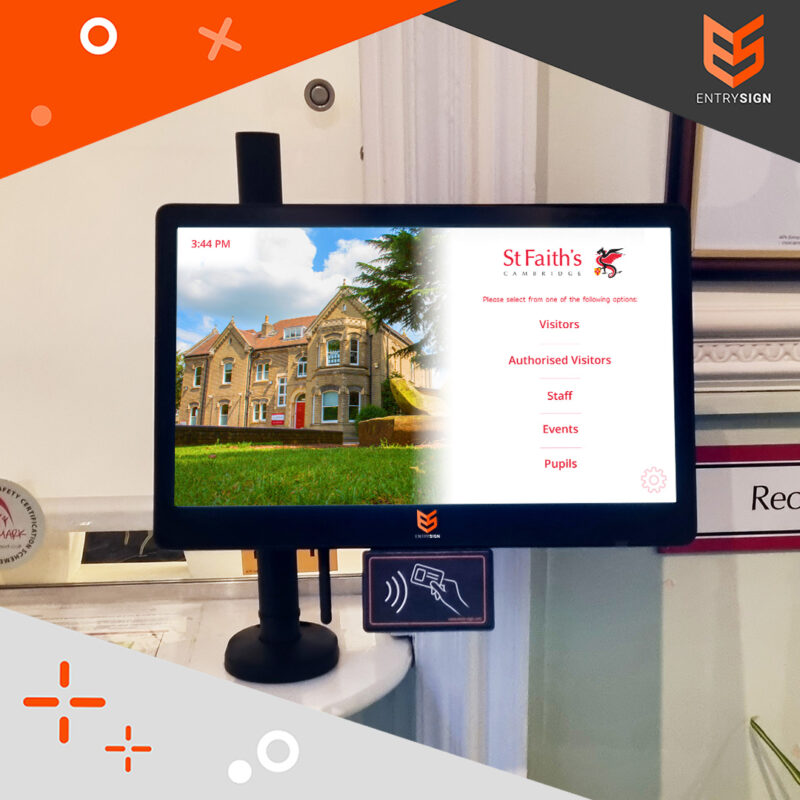 School visitor management screen with white and red interface