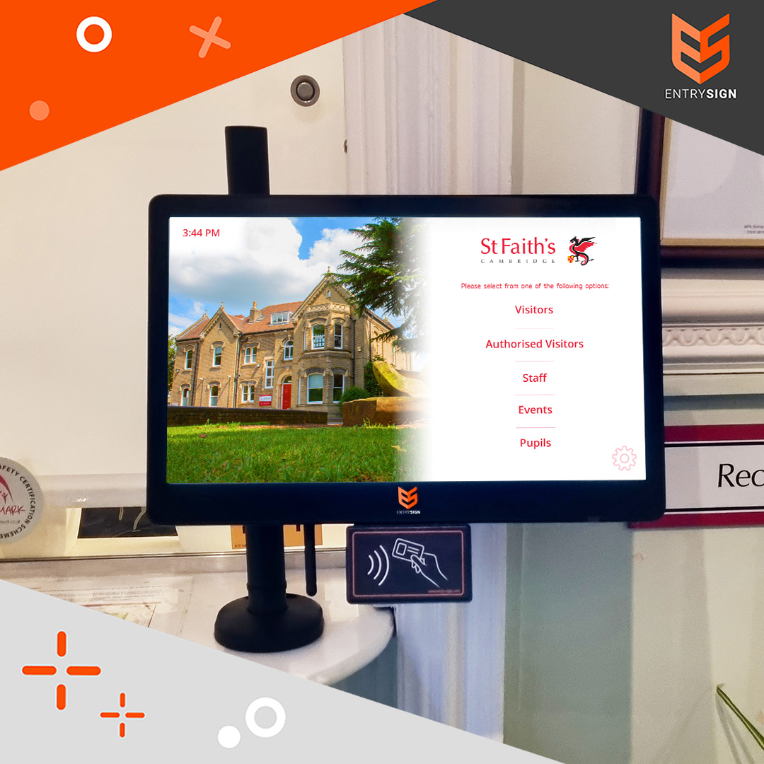 School visitor management screen with white and red interface