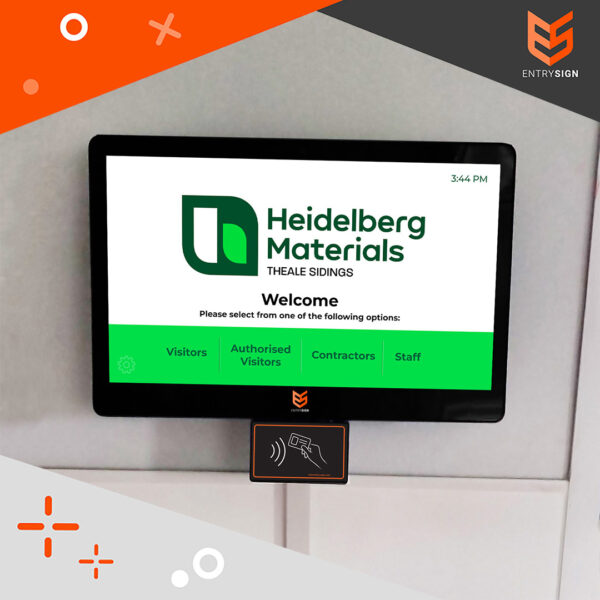Visitor management screen fitted to a grey wall with green and white interface