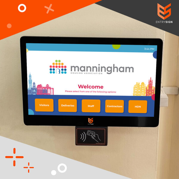 Visitor management screen with multi-coloured interface and fitted to a yellow wall