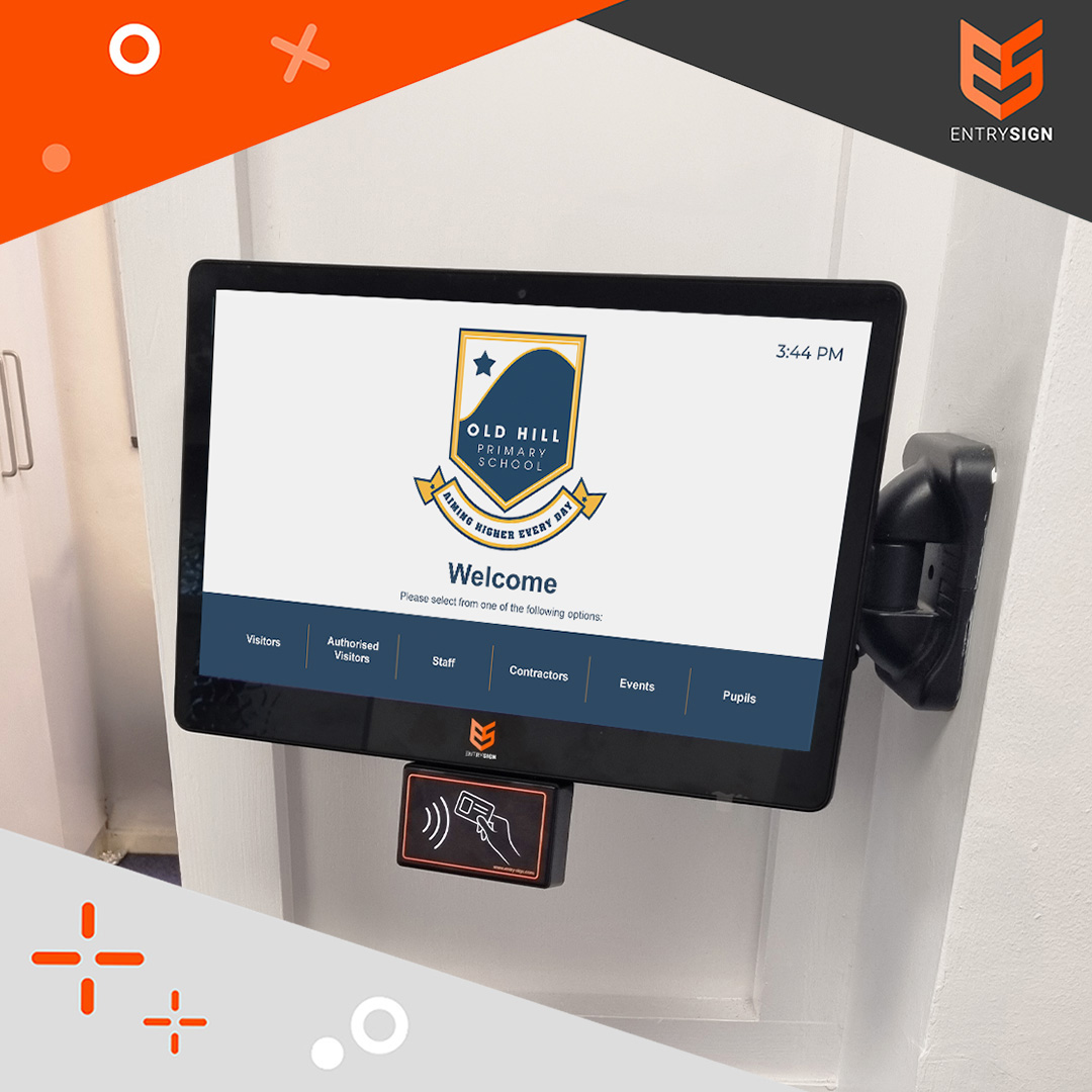 Visitor management screen on a wall with a white and blue user interface.