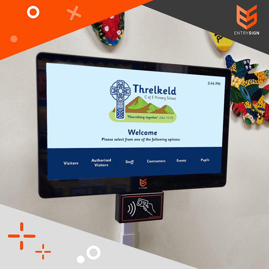 Visitor management screen installed on a wall with a blue user interface.